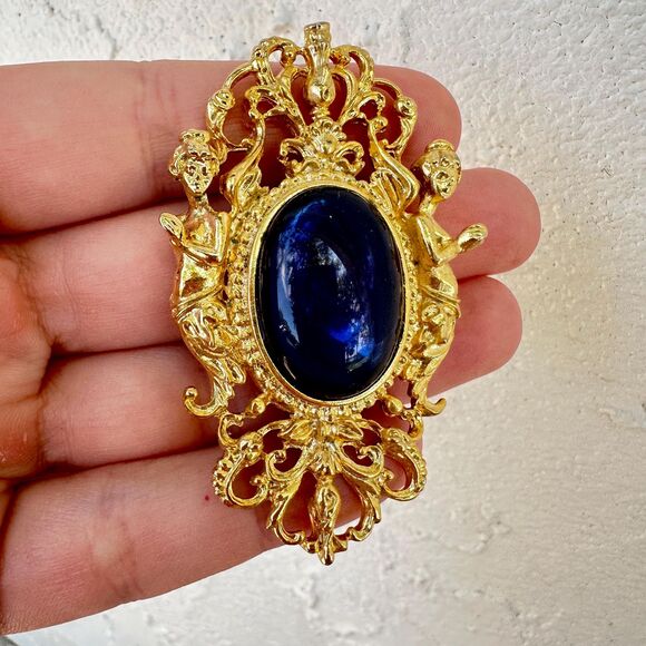 Vintage Ornate Victorian Gold Brooch Blue Cabochon Female Figures Bodice Ladies - Picture 1 of 3